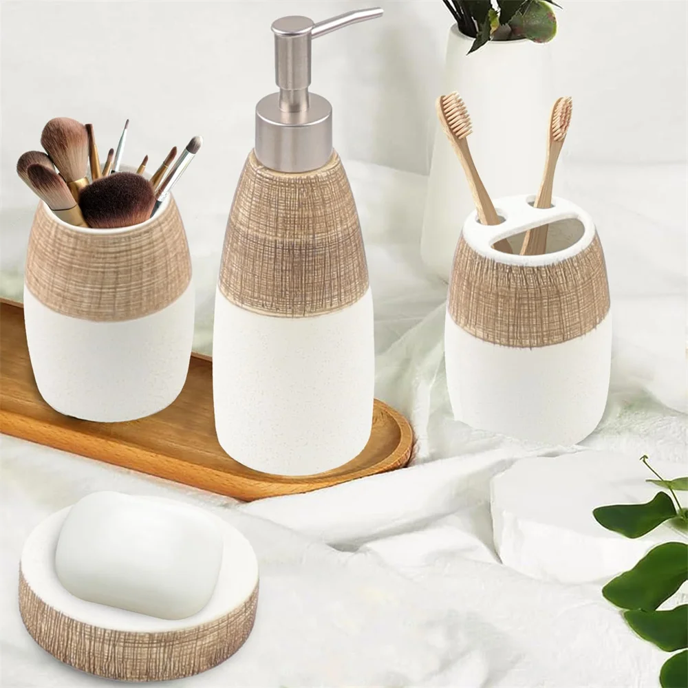 Set of 4 brown and white ceramic bathroom accessories: toothbrush holder, cup, and soap dish.