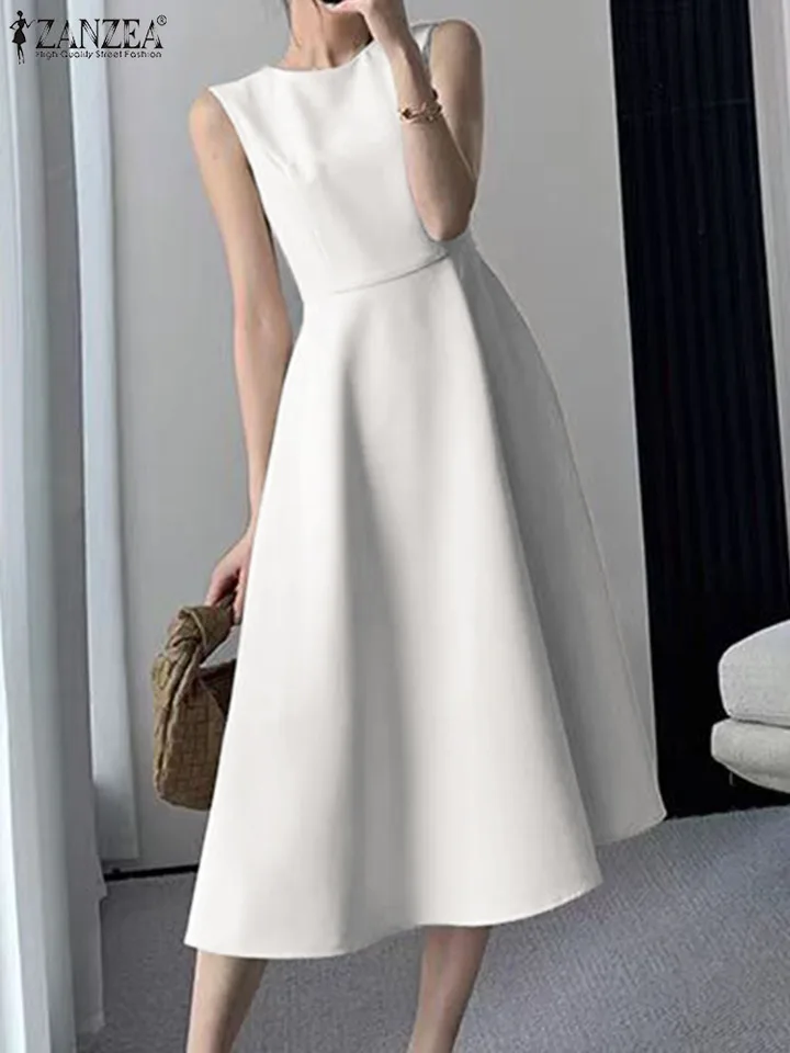 ZANZEA Casual O-neck Tank Midi Dresses Women Sleeveless Long Dress 2024  Summer Elegant Party Sundress Korean Solid Waisted Robes - AliExpress  200000345