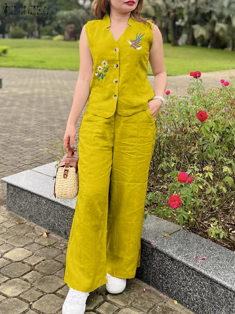 Women 2PCS Pant Sets Vintage Sleeveless Embroidery Vest Tops + Elastic Waist Wide Leg Trousers ZANZEA Summer Tank Suits Outfits