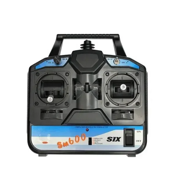 Détail du connecteur USB du simulateur RC Flysky FS-SM600, compatible avec PC pour l'apprentissage du pilotage 3D.