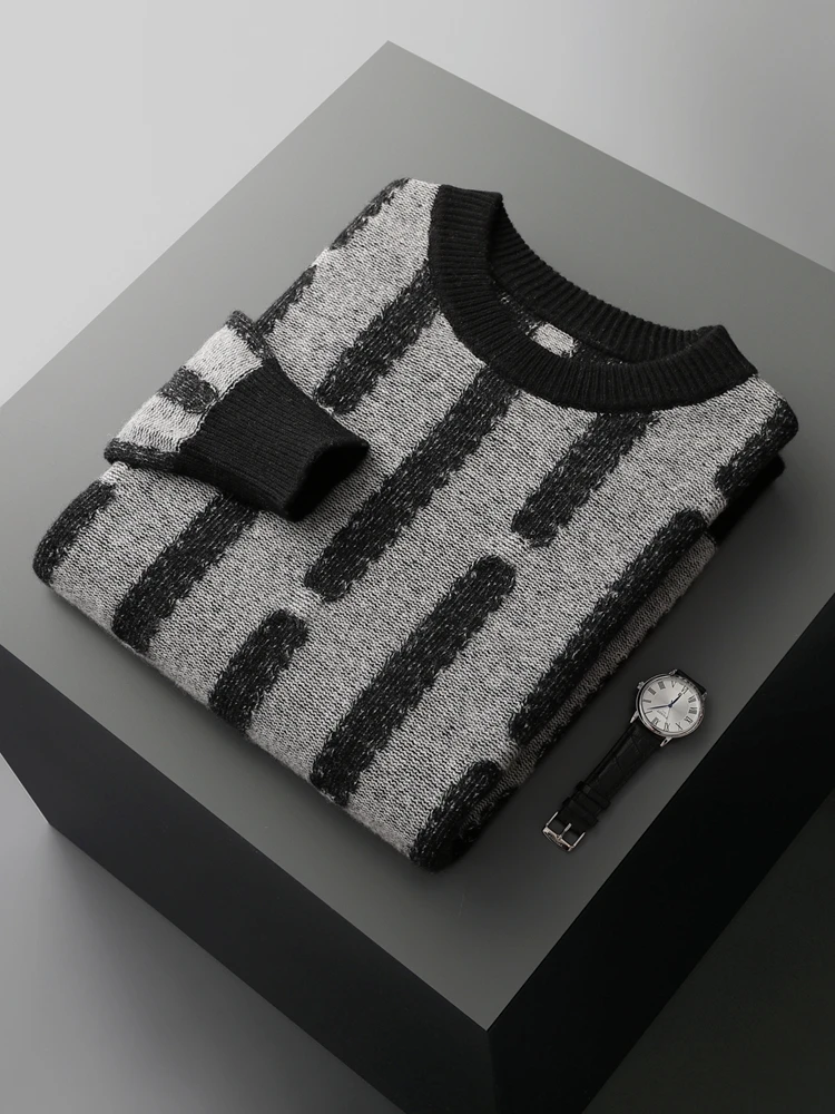 Jacquard Thicken 100% Pure Wool Sweater Men's Crew-Neck Knitted Pullover Fashion Color Match Large Size Clothing Autumn Jacket 4