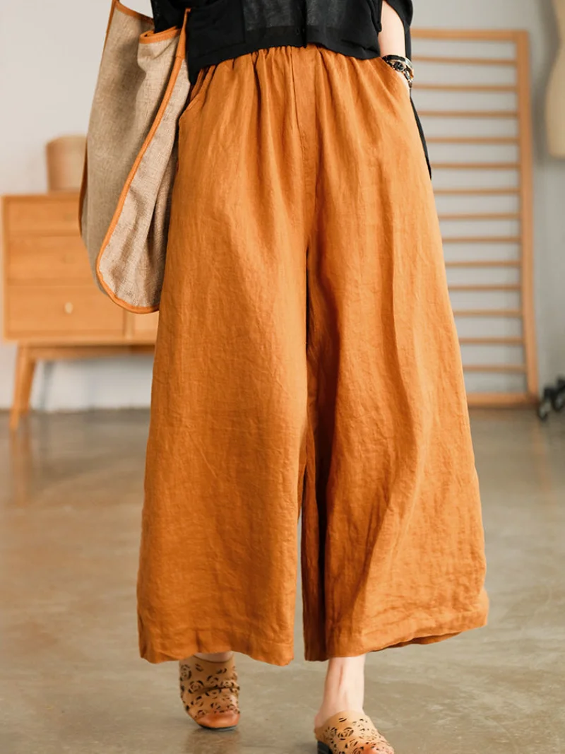 2023 Cotton Linen Home Wear Loose Pants for Women Summer Casual Wide Leg Trousers Purple Soft Capri Pants Women's Joggers New