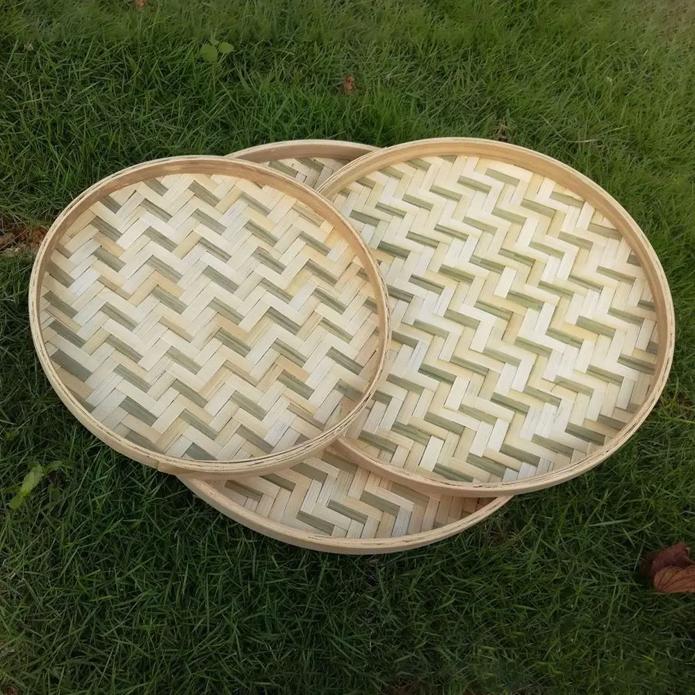 Handmade Weaving Bamboo Sieve Raft Round Dustpan DIY Decorative Fruit Bread Basket Kitchen Storage Trays Home Decor 5