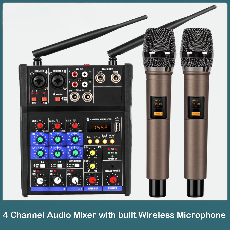 

Audio DJ Mixer 4 Channels Console with Wireless Microphone Sound Mixing Bluetooth Karaoke Recording Studio Table