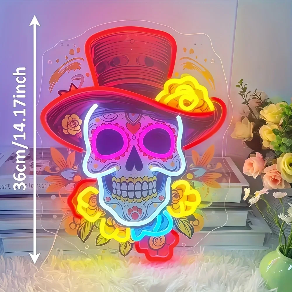 멕시코 설탕 해골 네온사인 - USB 전원 데드데이 벽 장식 (UV 프린팅 칼라베라, 단색 발광)