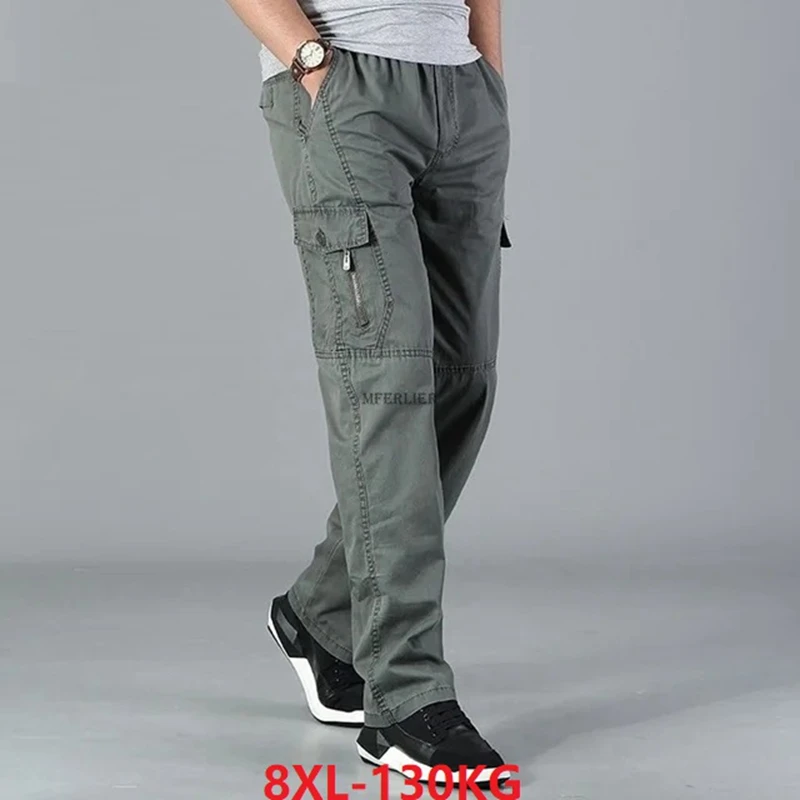 Plus Size 8XL 140kg Spring Men Cargo Pants Cotton Pockets Zipper Outdoor Casual Straight Pants