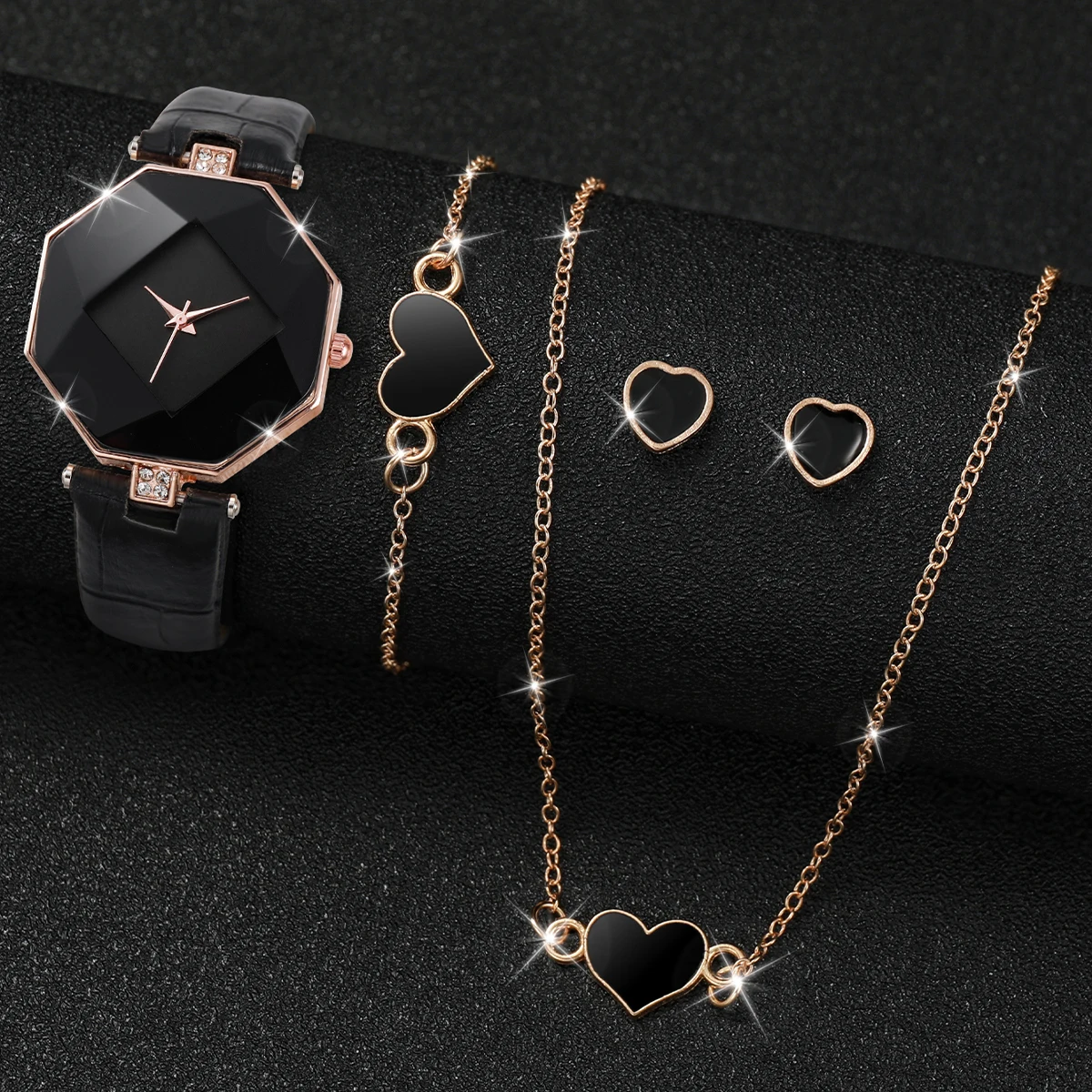 Womens Watch 5PCS/Set Fashion Leather Band Analog Quartz Heart Jewelry Set(Without Box)