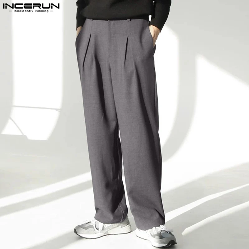 

INCERUN 2024 Men Pants Solid Color Button Joggers Loose Pleated Straight Trousers Men Streetwear Fashion Casual Long Pants S-5XL