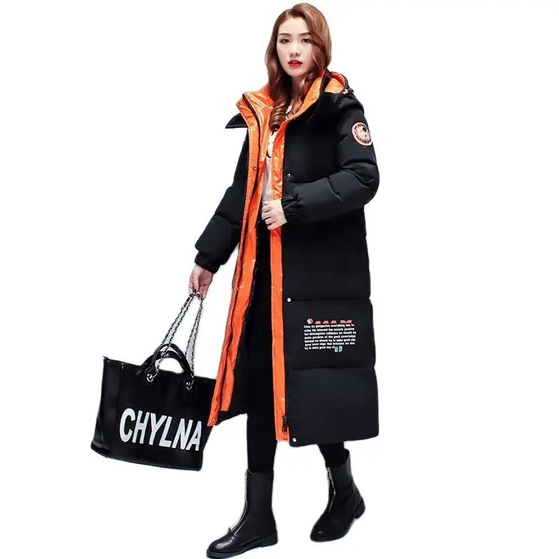 Winter Women's New Long Over-the-knee Color Loose Hooded Cotton-padded Jacket Detachable Hat Fashion Warm High-end Cold CoatTide