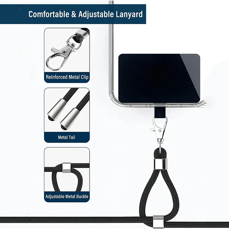 Cordino per cellulare a tracolla regolabile da collo/mano con linguetta di fissaggio trasparente per la maggior parte delle custodie per telefoni a copertura totale - immagine 4