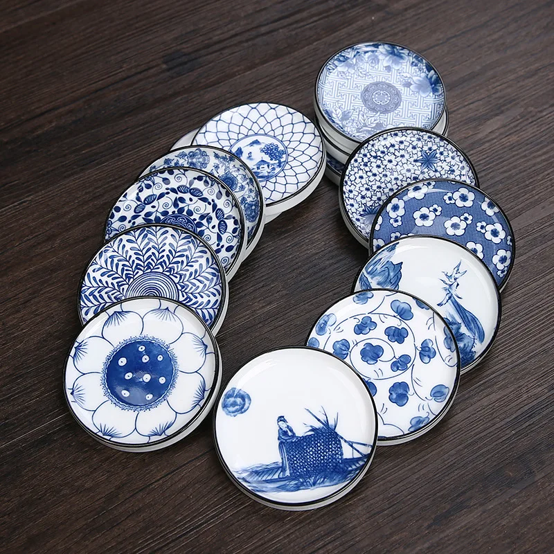 Ceramic Tea Cup Mat Anti-scalding Retro Handmade Blue and White Porcelain Saucer Household Kung Fu Tea Coaster Teacup Pad tea cup mat