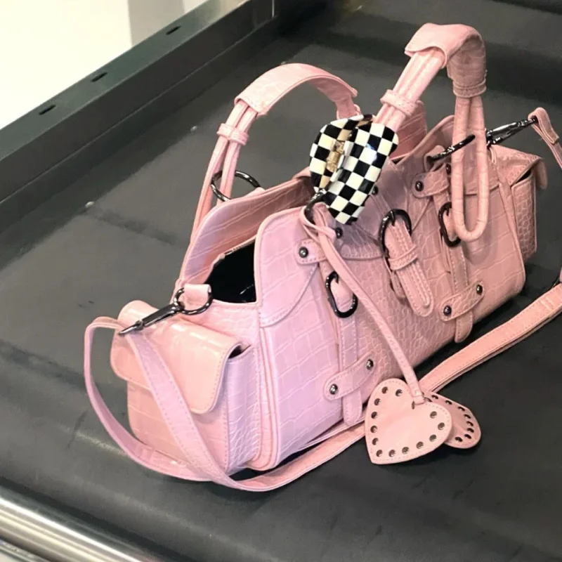 Women Shoulder Bag Xiuya Vintage Biker Shoulder Bag Y2k Hippie American Street Style Heart Rivets Pink Handbag