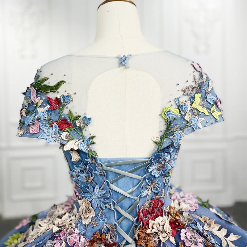 Princess Blue Evening Dresses Ball Gown Quinceanera Dress 2022 Flower Off The Shoulder Lace up Backless DY9942 Robe De Mariée 6