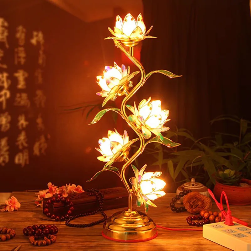 7-Color Lotus Buddha Lamp -Acrylic &Alloy Temple Light for Buddhist Altar, Sacred Lotus Flower Decor, Buddhist Offering Lighting