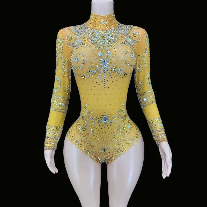 

Rhinestone Sexy Long Sleeves Bodysuit Singer Dancer Crystals Leotard Costume Women Stretch Outfit Dance