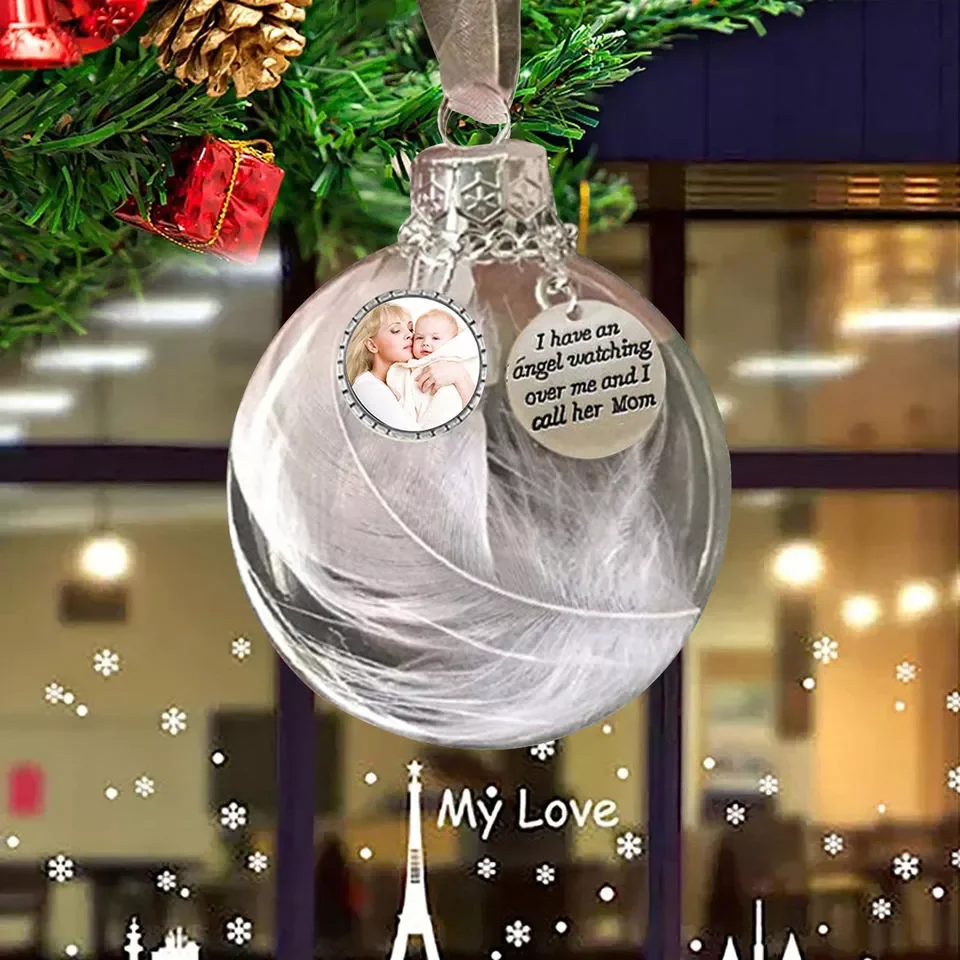 10pcs/Lot Heart Christmas Memorial Ball Feather in Clear Ornaments Christmas Ball for Decorations