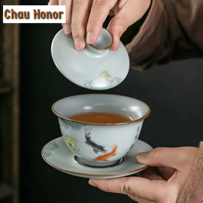 170ml Pure Handmade Ru Kiln Gaiwan Hand-painted Fish Lotus Tea Tureen Opening Tea Maker Cover Bowl Tableware Collection Gift Box