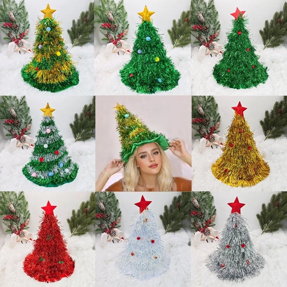 Creative Shiny Tinsel Colorful Poms Christmas Tree Hat Festival Party Supplies Role-Playing Costume Hat Headwear Photo Props