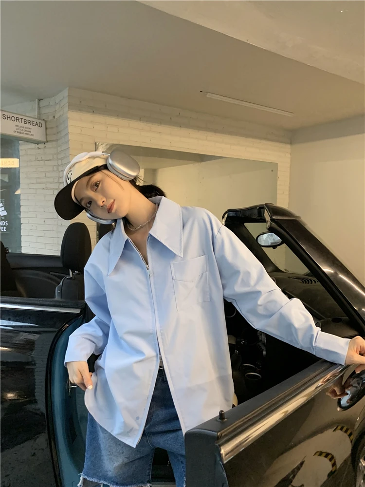 

GUUZYUVIZ Женская свободная рубашка-поло, белая рубашка-поло с длинным рукавом и двойной молнией во французском стиле на осень