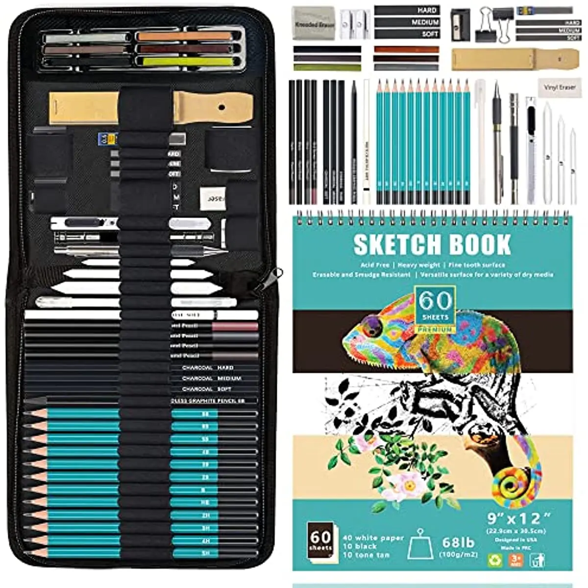 50Pcs Sketch Drawing Pencils Kit with Sketchbook Graphite Charcoal Pastel Pencils for Blending Shading Pro Art Drawing Supplies 26pcs 33pcs 50pcs art set sketch pencil 5h 8b kits for artist drawing charcoal graphite stick bar rod knead eraser stationery