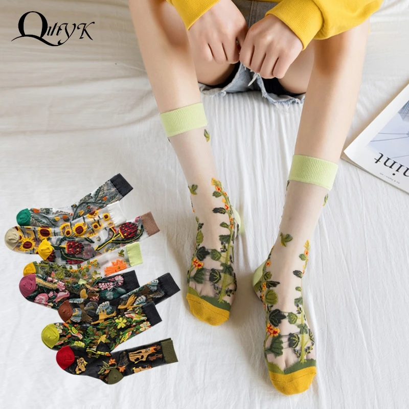 

Женские летние тонкие дышащие длинные хлопковые носки в стиле Харадзюку с изображением цветов птиц кошек животных Прозрачные шелковые носки со стеклянными кристаллами