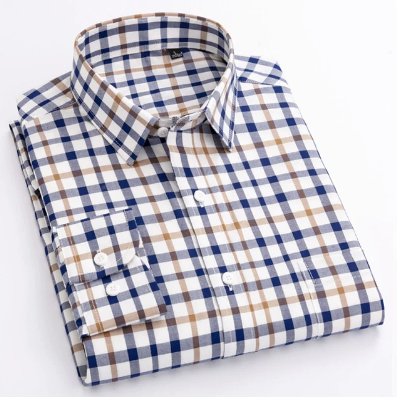 

2023 New Large Size Men's Oxford Plaid Shirt for Male Long Sleeve High Quality Pure Cotton Soft Comfort Slim Fit Men Shirts