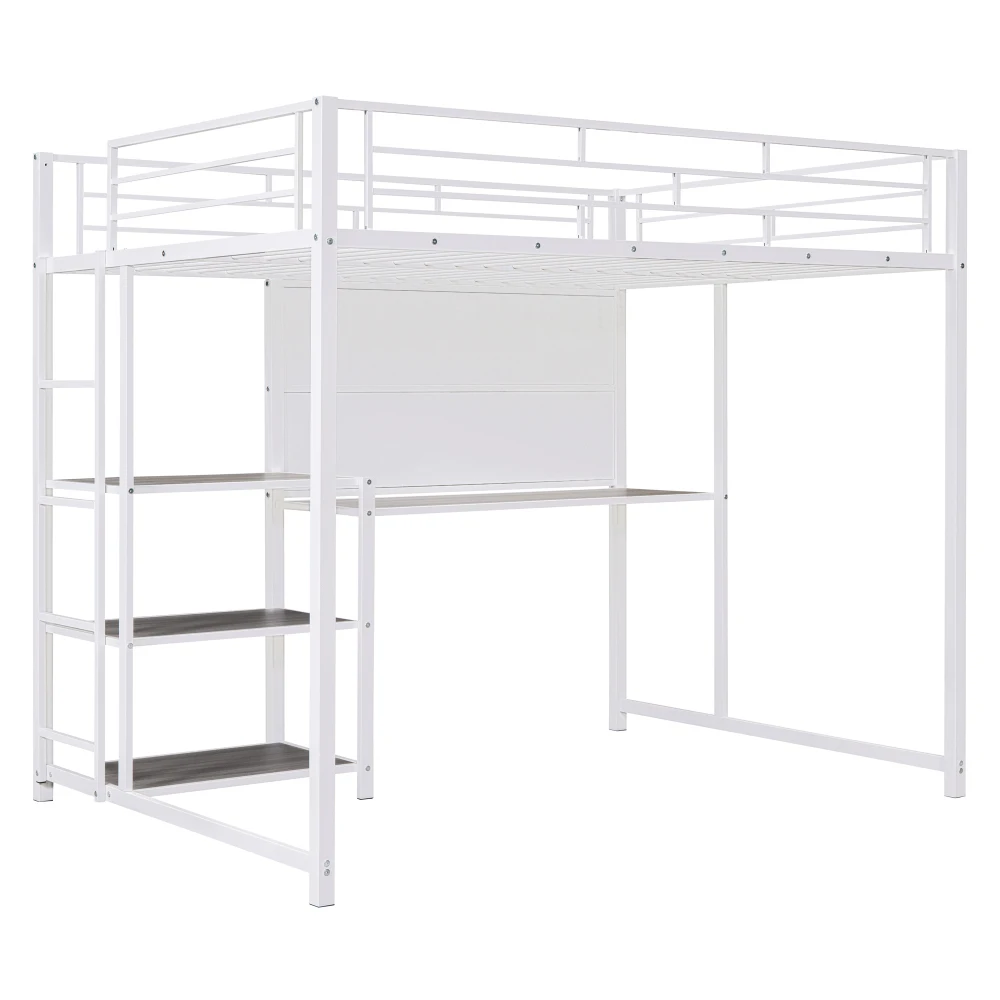 Full Size Loft Bed with Desk and Whiteboard, Metal Loft Bed with 3 Shelves and Ladder, White 5