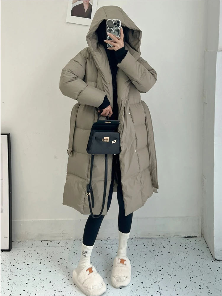 High quality Women Hooded Down jacket Loose Solid warm 2023 Winter Female Long Puffer Coat With belt Fashion Clothes INKEO 3O085