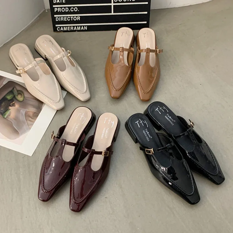 

Женские туфли без застежки, красные или бежевые элегантные мюли, классические сандалии на низком квадратном каблуке, повседневные шлепанцы, лето 2023