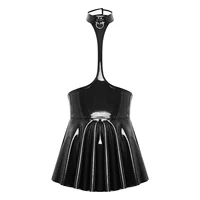 Womens Open Chest Halter Ruffled Latex Dress Wet Look Patent Leather Sleeveless Backless Dresses Lingerie Nightwear Clubwear