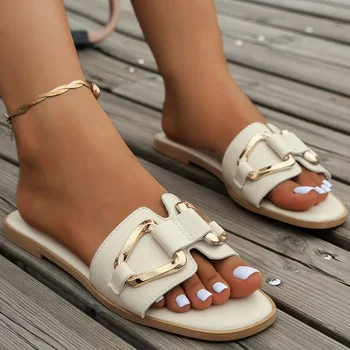 Women Metal Decor Single Band Flat Sandals Fashion Sexy Open Toe Outdoors Slides Luxurious Office Ladies Party Female Shoes 1