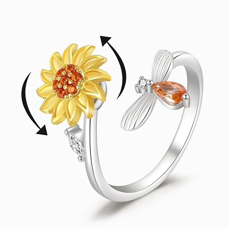 Opening Adjustable Spinning Sunflower Bee Release Stress Ring Rotatable Zircon Copper Finger Ring For Women Fashion Jewelry 5