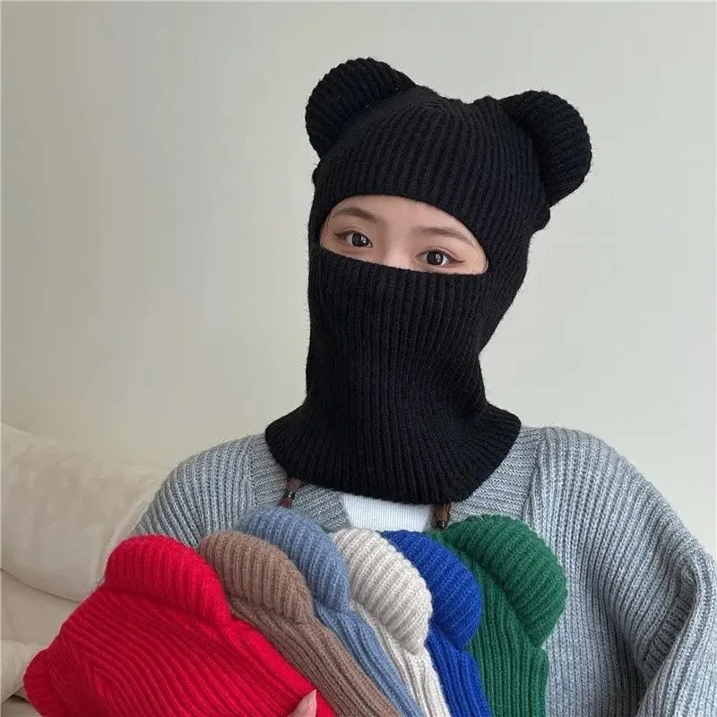 New Wome's Cute Full Face Cover Ski Mask Hat with Bear Ear Balaclava Knitted Hats Windproof Skullies Beanies Bonnet Winter Warm 2