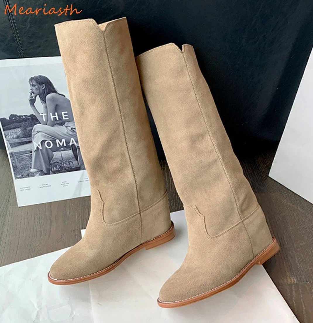 Retroe Suede Knee High Boots Women Chunky Heel Cowboy High Boots Point