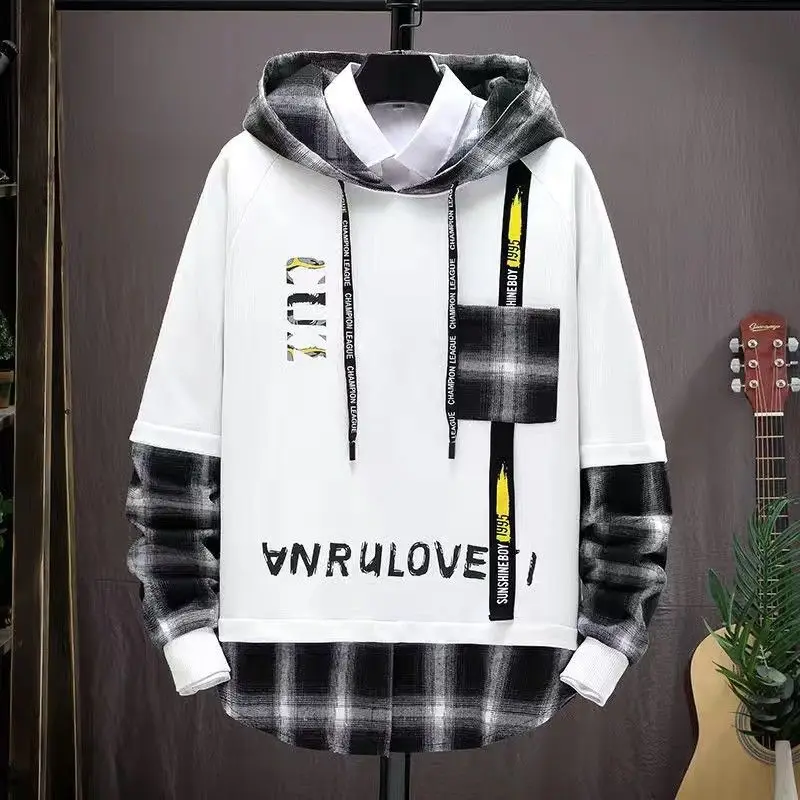 New Men's Clothing Hooded Long Sleeve Autumn Winter Fake Two Pieces Fashion Casual Sporty Letter Spliced Contrast Color Tops