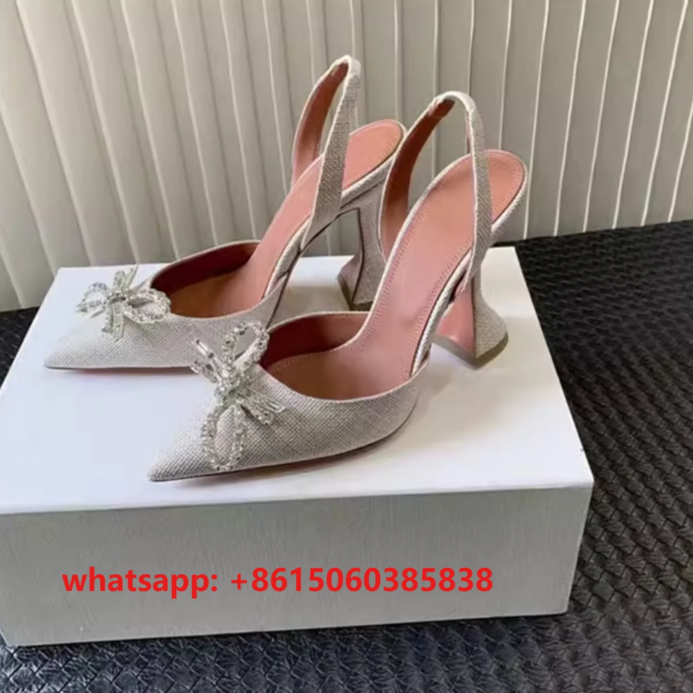 

Linen Crystal Bow Halter Pump Rosie Begum Satin Slingback Pumps Pointed Toe Sling 9.5cm Heels Rhinestones sunflowers party shoes