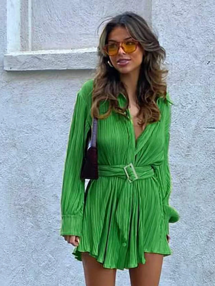 

2023 autumn new European and American fashion fold long sleeve shirt style belt casual dress