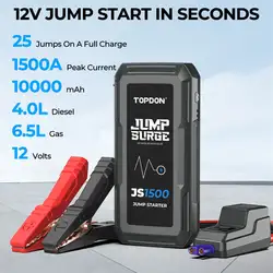 Topdon JS1500 Car Jump Starter 1500 Amp 12-Volt Safe Protection Lithium Pro Power Bank Car Battery Booster