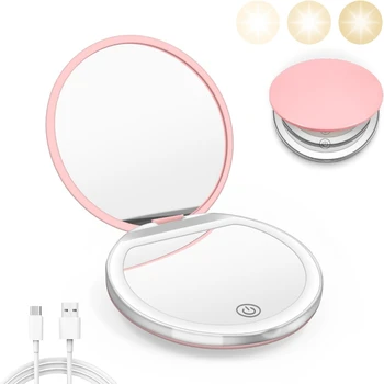 Miroir compact avec lumière, miroir de poche LED grossissant 1X/3X avec câble de données USB, mini miroir rose pour sac à main, poche, voyage 1