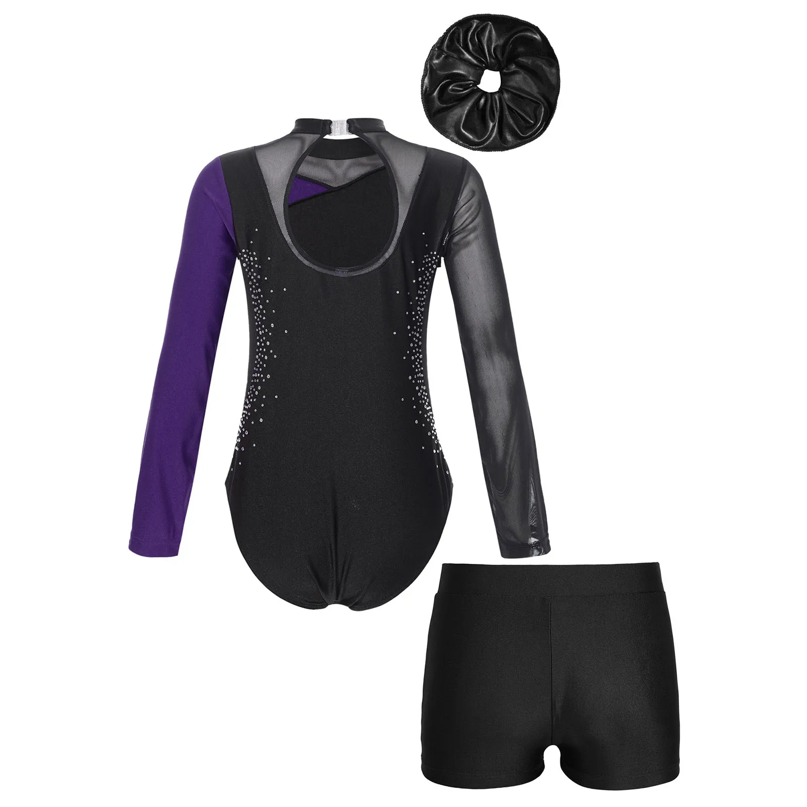 Kids Girls Gymnastics Bodysuit Outfit Shiny Colorblock Long Sleeve Skating Jumpsuit Children&rsquo;s Tutu Ballet Leotard with Shorts