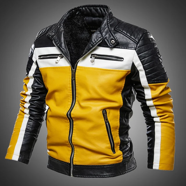 Men Yellow PU Leather Jacket Patchwork Biker Jackets Outwear Zipper Coat 1