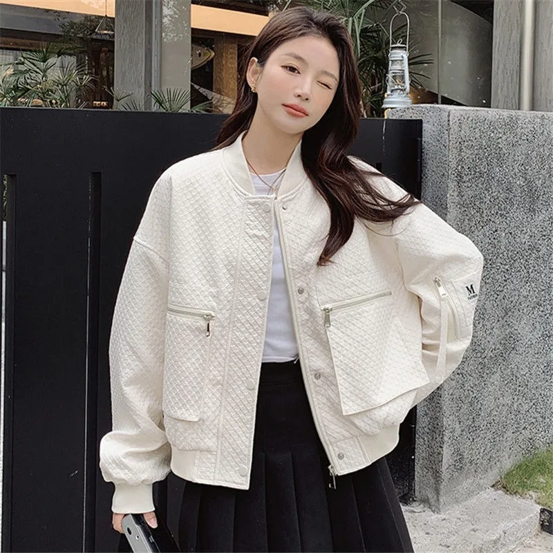 2024 New Waffle Baseball Uniform Jacket Women Spring and Autumn Overcoat Fashion Short Loose Coat Big Pocket Solid Color Outwear