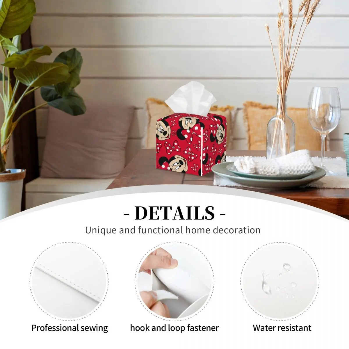 Custom Bow And Mickey Minnie Mouse Tissue Box Cover PU Leather Square Cartoon Facial Tissues Holder for Office 3