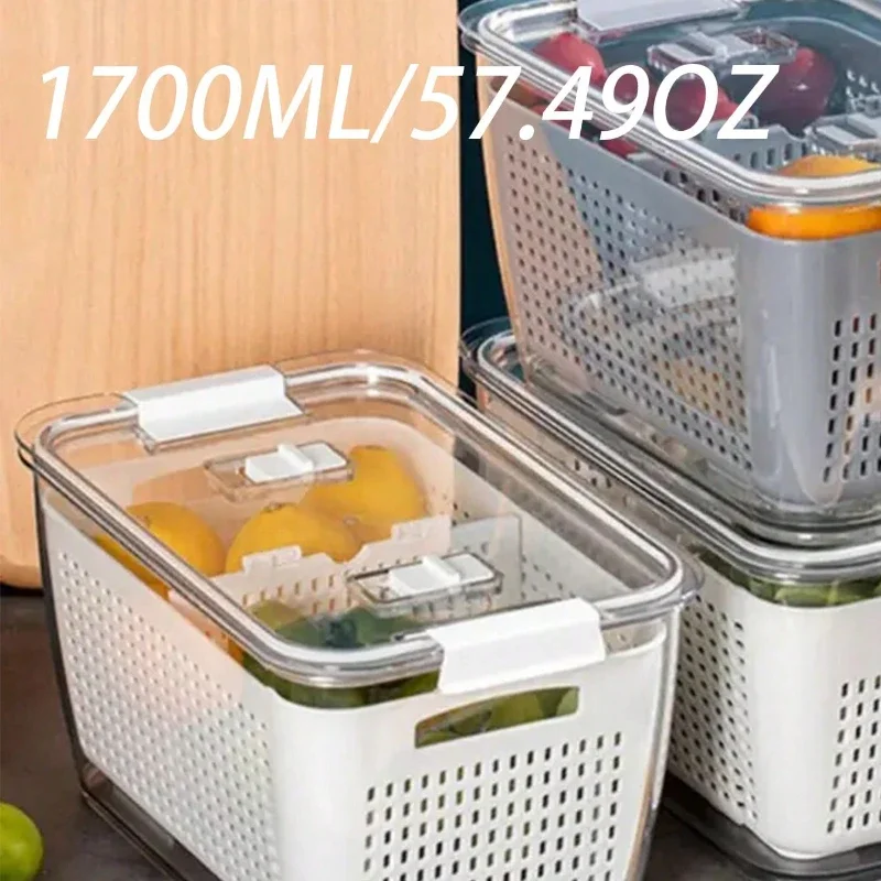 

Storage Fresh-keeping Fruit And Tools Vegetable Kitchen Container Drain Lid Basket Box Refrigerator With Doublelayer