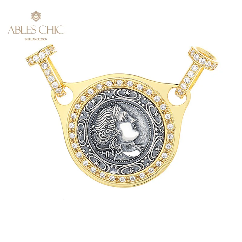 

Artemis Greek Silver Coins Replica Charm 18K Gold Two Tone Solid 925 Silver Roman Coin CZ Accent Halo Pendant Only N1002