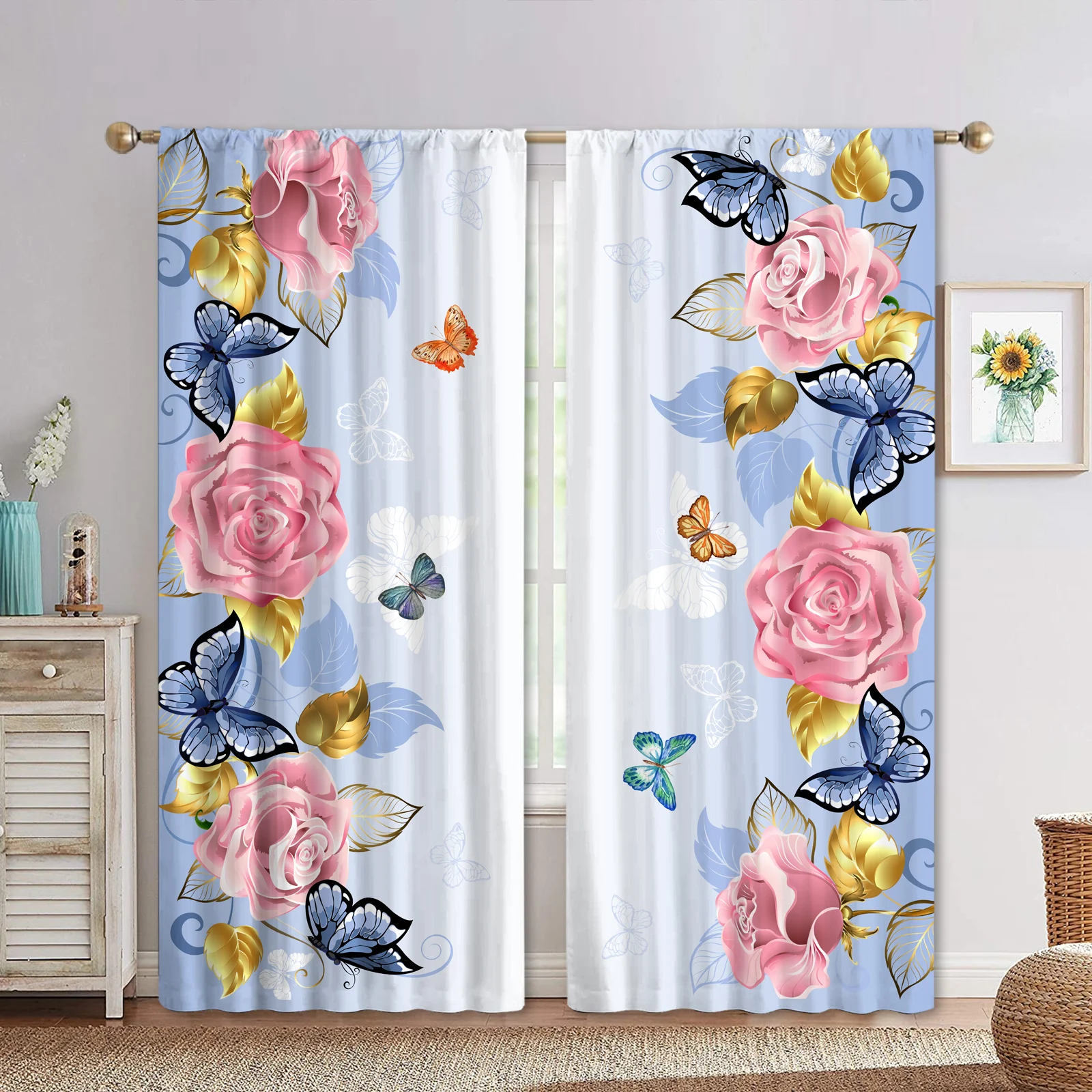 2023 Red Flowers, Blue Butterflies 3D Digital Printing Bedroom Living Room  Window Curtains 2 Panels Room Curtains, image size:1600x1600