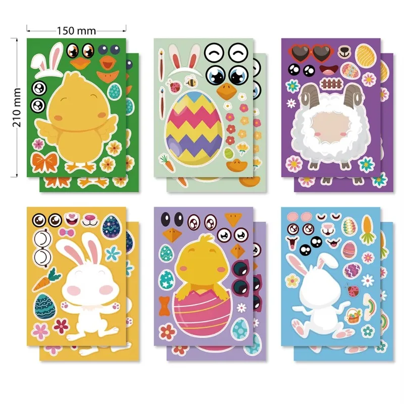 Make-A-Face Easter Stickers 12pcs Funny Bunny Chick Egg Puzzle, DIY Activity for Children’s Easter Party, Classroom Gift