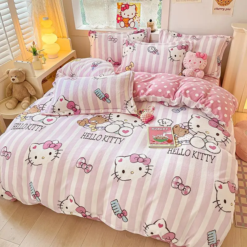 

Hello Kitty coral fleece four-piece set Anime Cartoon Sanrio thick bedding quilt set student dormitory bed linen three-piece set
