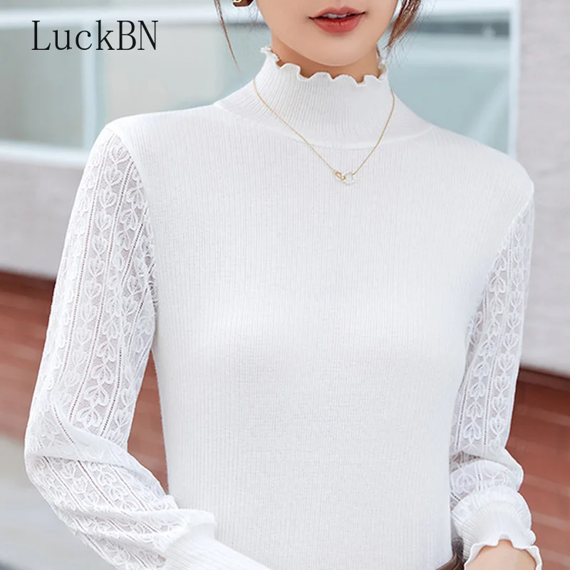 

Half Turtleneck Knitted Bottoming Shirt Women's Autumn Winter New Slim Fashion All-match Fungus Edge Lace Long Sleeves Pullovers