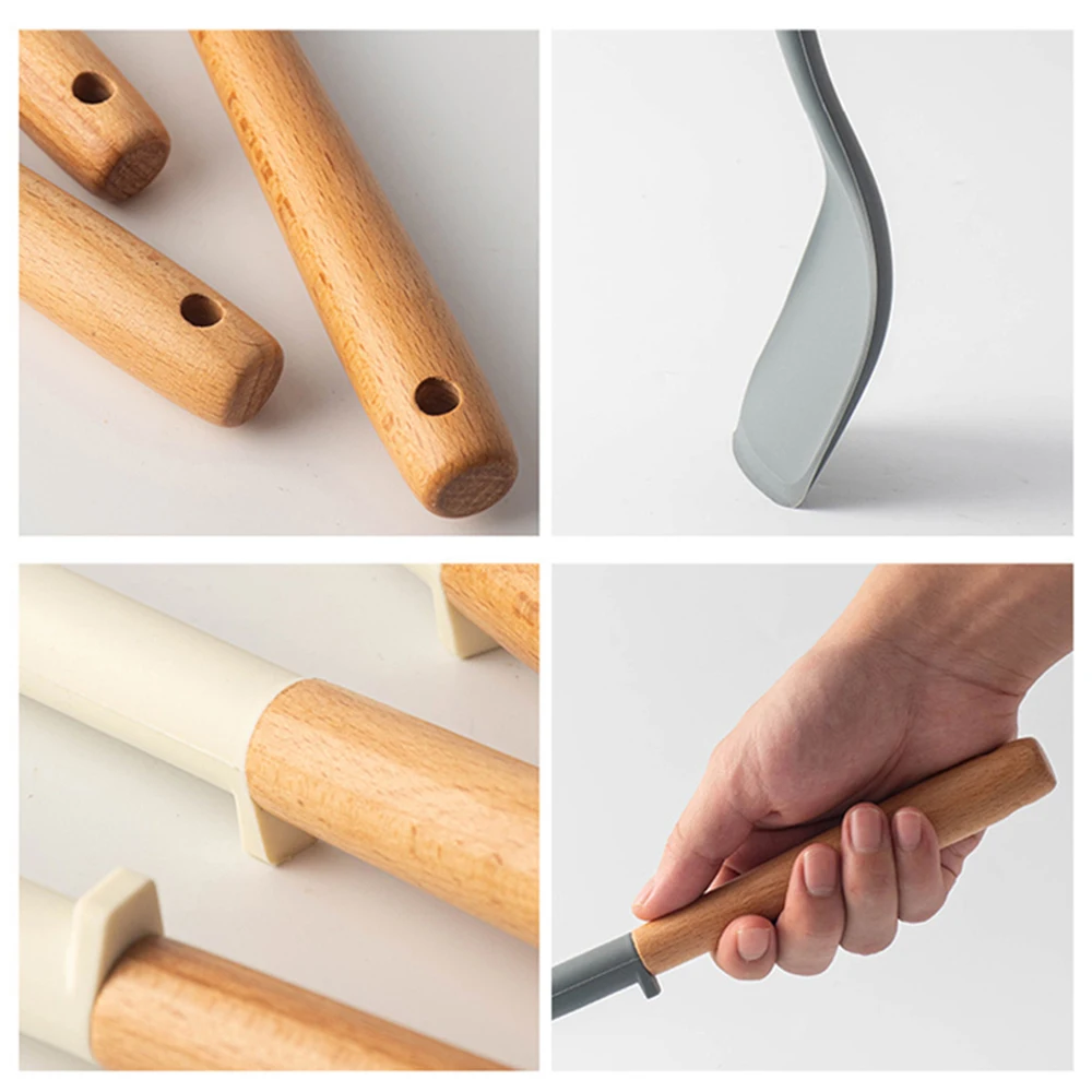 Kitchen Utensils 5Pcs Non-stick Silicone Wooden Handle Cooking Spatula Baking Storage Tool